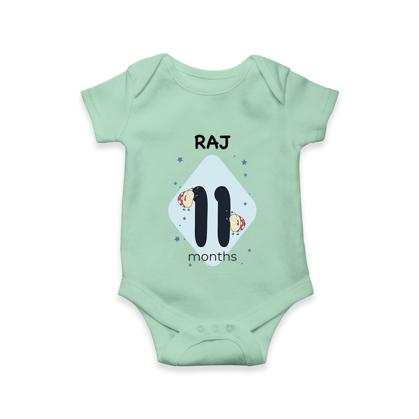 Baby Romper Birthday Outfit - 11th Month | Personalized Bodysuit | Cozy Cotton Fabric - MINT GREEN - New Born (Chest 14")