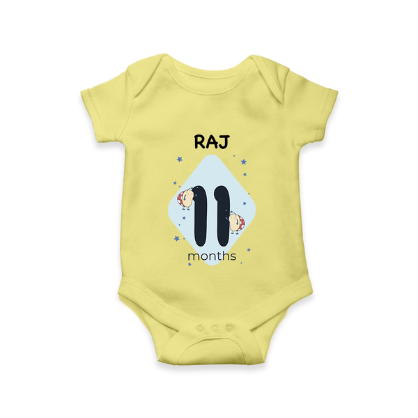 Baby Romper Birthday Outfit - 11th Month | Personalized Bodysuit | Cozy Cotton Fabric - PASTEL YELLOW - New Born (Chest 14")