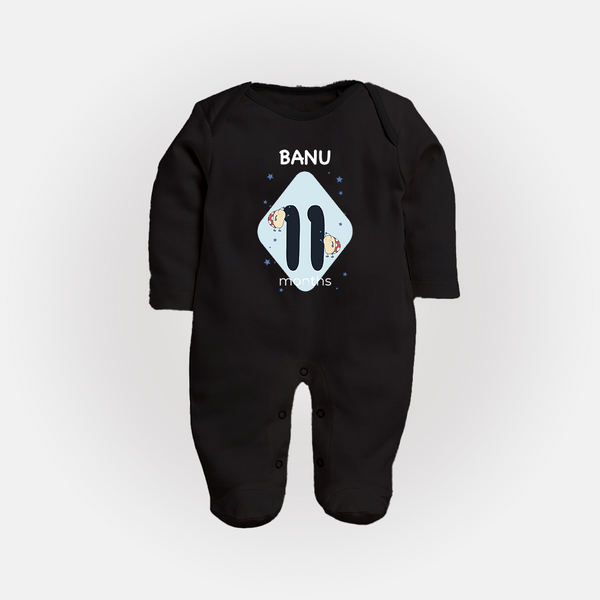Baby Full Sleeve Bodysuit/ Sleep Suit/ Jumpsuit Birthday Outfit - 11th Month | Personalized Full Sleeve Bodysuit/ Sleep Suit/ Jumpsuit | Cozy Cotton Fabric - BLACK - New Born (Chest 7.5")