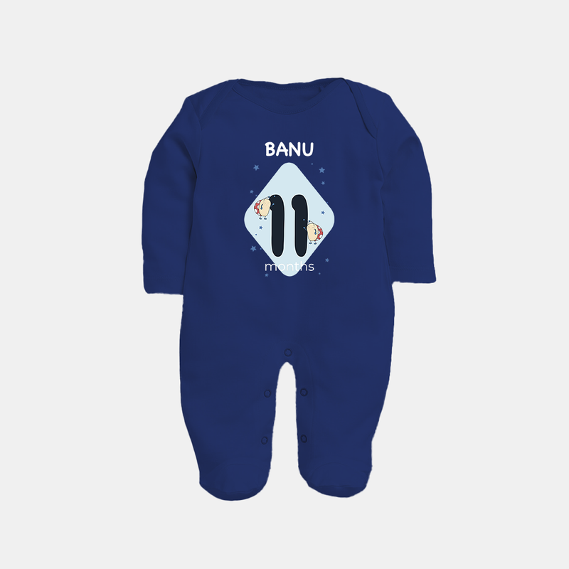Baby Full Sleeve Bodysuit/ Sleep Suit/ Jumpsuit Birthday Outfit - 11th Month | Personalized Full Sleeve Bodysuit/ Sleep Suit/ Jumpsuit | Cozy Cotton Fabric - NAVY BLUE - New Born (Chest 7.5")