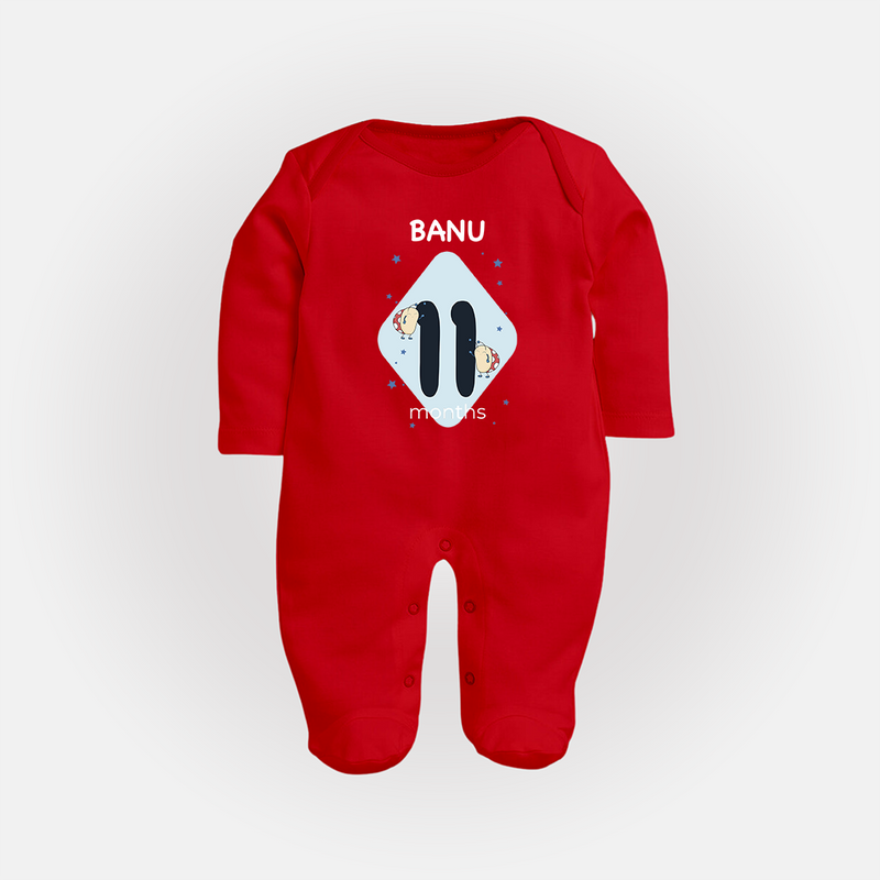 Baby Full Sleeve Bodysuit/ Sleep Suit/ Jumpsuit Birthday Outfit - 11th Month | Personalized Full Sleeve Bodysuit/ Sleep Suit/ Jumpsuit | Cozy Cotton Fabric - RED - New Born (Chest 7.5")