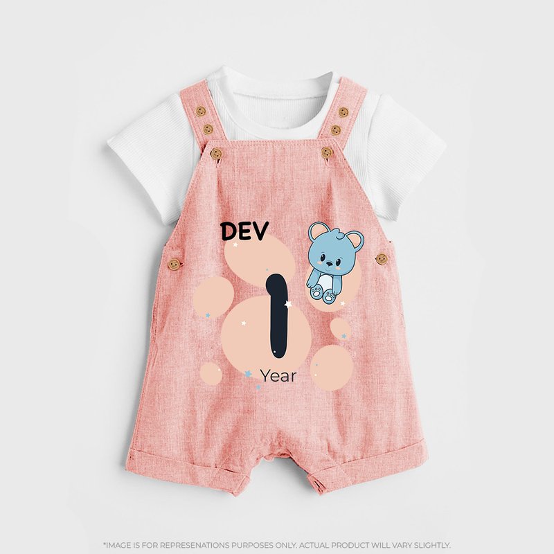Baby Dungaree Set Birthday Outfit - 1st Year | Personalized Dungaree Set | Cozy Cotton Fabric - PEACH - 0 - 5 Months Old (Chest 18")