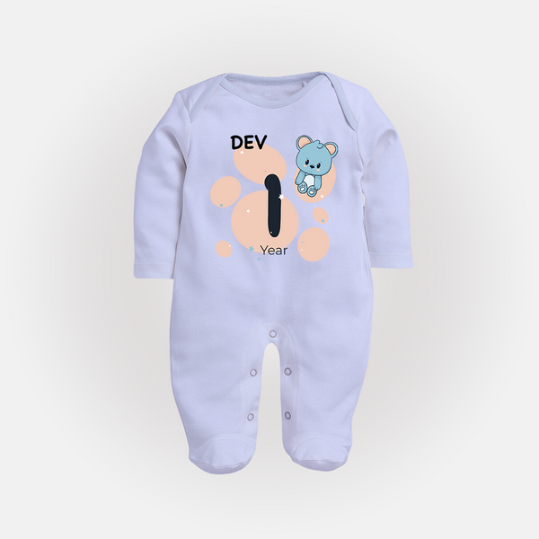 Baby Full Sleeve Bodysuit/ Sleep Suit/ Jumpsuit Birthday Outfit - 1st Year | Personalized Full Sleeve Bodysuit/ Sleep Suit/ Jumpsuit | Cozy Cotton Fabric - BABY BLUE - New Born (Chest 7.5")