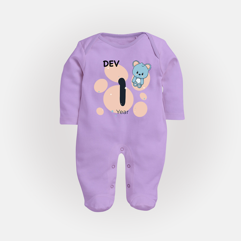 Baby Full Sleeve Bodysuit/ Sleep Suit/ Jumpsuit Birthday Outfit - 1st Year | Personalized Full Sleeve Bodysuit/ Sleep Suit/ Jumpsuit | Cozy Cotton Fabric - LILAC - New Born (Chest 7.5")