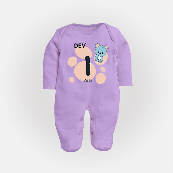 Baby Full Sleeve Bodysuit/ Sleep Suit/ Jumpsuit Birthday Outfit - 1st Year | Personalized Full Sleeve Bodysuit/ Sleep Suit/ Jumpsuit | Cozy Cotton Fabric - LILAC - New Born (Chest 7.5")