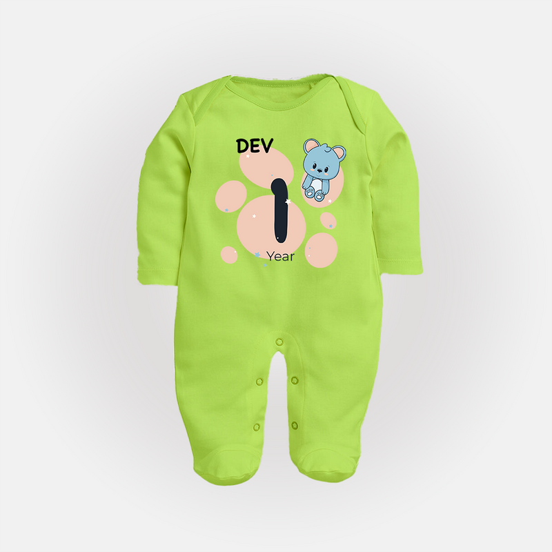 Baby Full Sleeve Bodysuit/ Sleep Suit/ Jumpsuit Birthday Outfit - 1st Year | Personalized Full Sleeve Bodysuit/ Sleep Suit/ Jumpsuit | Cozy Cotton Fabric - LIME GREEN - New Born (Chest 7.5")