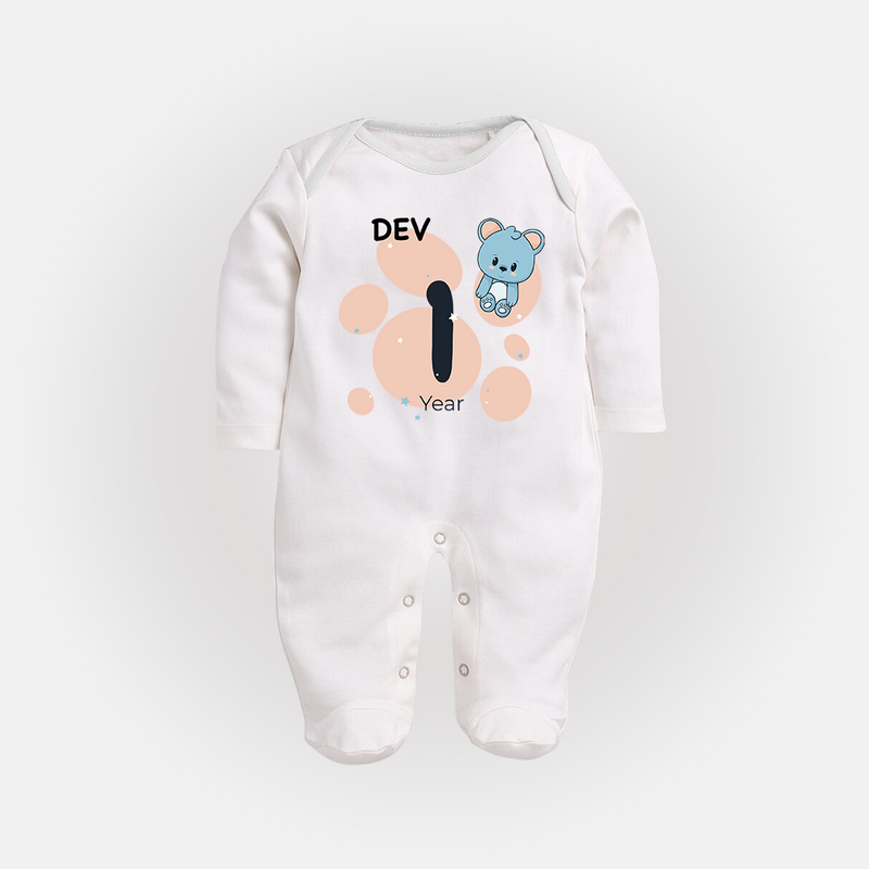 Baby Full Sleeve Bodysuit/ Sleep Suit/ Jumpsuit Birthday Outfit - 1st Year | Personalized Full Sleeve Bodysuit/ Sleep Suit/ Jumpsuit | Cozy Cotton Fabric - WHITE - New Born (Chest 7.5")