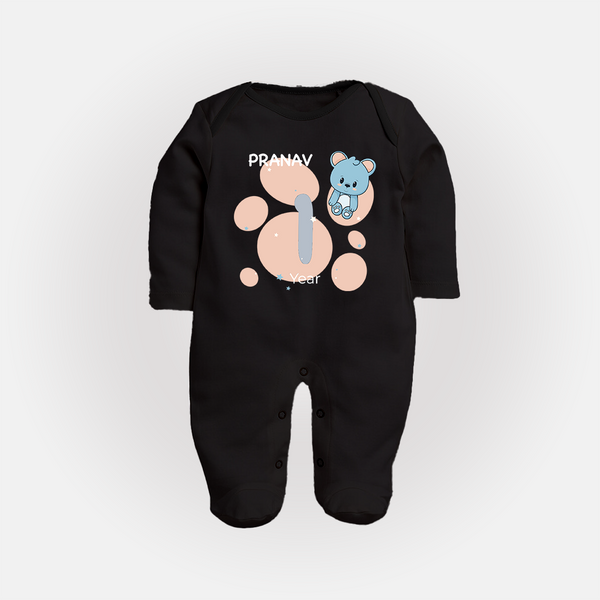 Baby Full Sleeve Bodysuit/ Sleep Suit/ Jumpsuit Birthday Outfit - 1st Year | Personalized Full Sleeve Bodysuit/ Sleep Suit/ Jumpsuit | Cozy Cotton Fabric - BLACK - New Born (Chest 7.5")