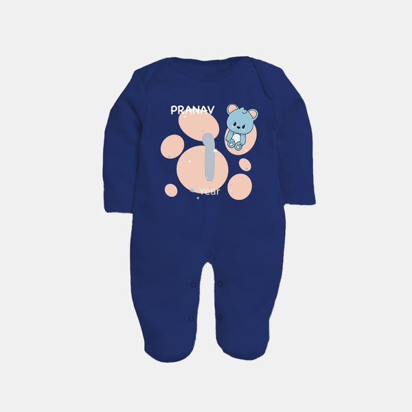 Baby Full Sleeve Bodysuit/ Sleep Suit/ Jumpsuit Birthday Outfit - 1st Year | Personalized Full Sleeve Bodysuit/ Sleep Suit/ Jumpsuit | Cozy Cotton Fabric - NAVY BLUE - New Born (Chest 7.5")
