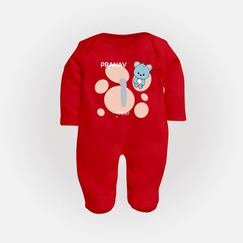 Baby Full Sleeve Bodysuit/ Sleep Suit/ Jumpsuit Birthday Outfit - 1st Year | Personalized Full Sleeve Bodysuit/ Sleep Suit/ Jumpsuit | Cozy Cotton Fabric - RED - New Born (Chest 7.5")