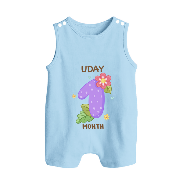 Celebrate Baby's 1st Month | Custom Romper Suit/ Sleeveless Romper | Premium Cotton - BABY BLUE - 0 - 5 Months Old (Chest 18")