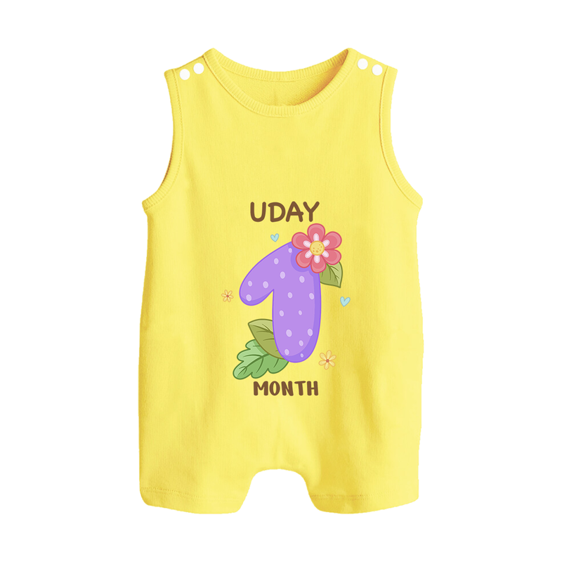 Celebrate Baby's 1st Month | Custom Romper Suit/ Sleeveless Romper | Premium Cotton - PASTEL YELLOW - 0 - 5 Months Old (Chest 18")