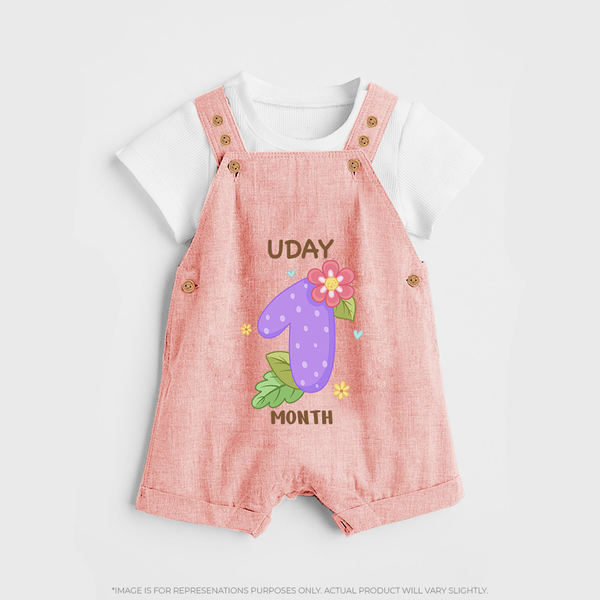 Celebrate Baby's 1st Month | Custom Dungaree Set | Premium Cotton - PEACH - 0 - 5 Months Old (Chest 18")