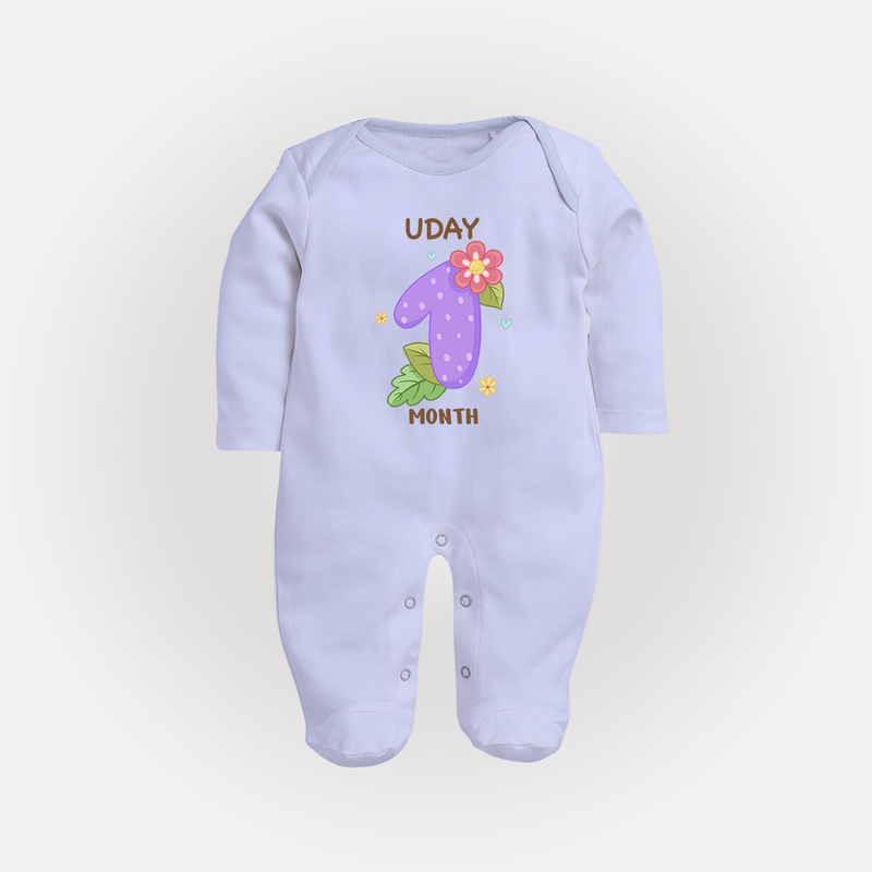 Celebrate Baby's 1st Month | Custom Full Sleeve Bodysuit/ Sleep Suit/ Jumpsuit | Premium Cotton - BABY BLUE - New Born (Chest 7.5")