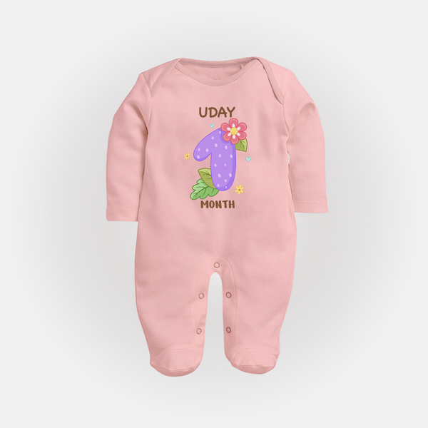 Celebrate Baby's 1st Month | Custom Full Sleeve Bodysuit/ Sleep Suit/ Jumpsuit | Premium Cotton - BABY PINK - New Born (Chest 7.5")