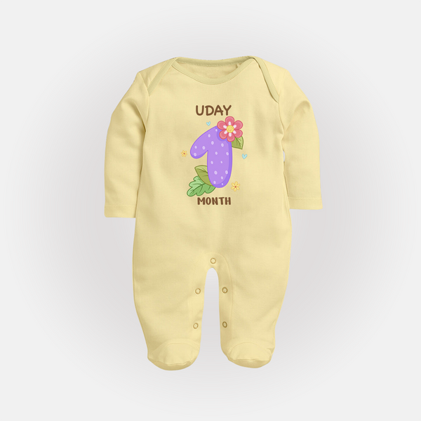 Celebrate Baby's 1st Month | Custom Full Sleeve Bodysuit/ Sleep Suit/ Jumpsuit | Premium Cotton - PASTEL YELLOW - New Born (Chest 7.5")