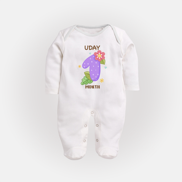 Celebrate Baby's 1st Month | Custom Full Sleeve Bodysuit/ Sleep Suit/ Jumpsuit | Premium Cotton - WHITE - New Born (Chest 7.5")