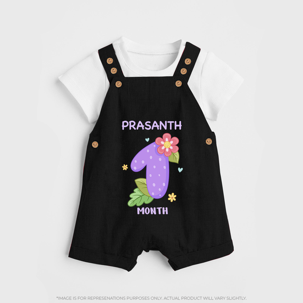 Celebrate Baby's 1st Month | Custom Dungaree Set | Premium Cotton - BLACK - 0 - 5 Months Old (Chest 18")