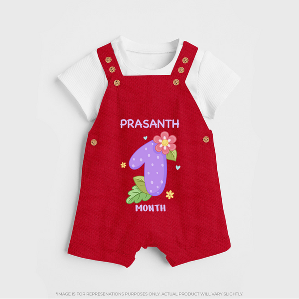 Celebrate Baby's 1st Month | Custom Dungaree Set | Premium Cotton - RED - 0 - 5 Months Old (Chest 18")