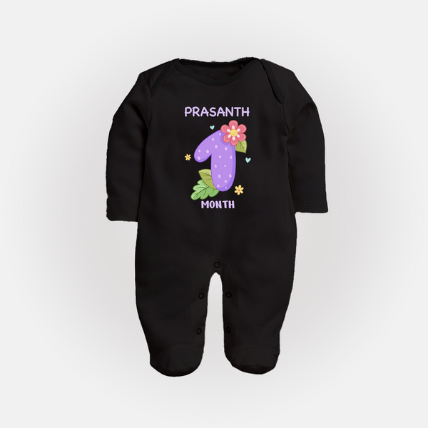 Celebrate Baby's 1st Month | Custom Full Sleeve Bodysuit/ Sleep Suit/ Jumpsuit | Premium Cotton - BLACK - New Born (Chest 7.5")