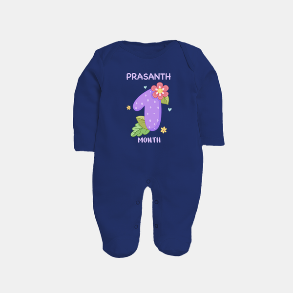 Celebrate Baby's 1st Month | Custom Full Sleeve Bodysuit/ Sleep Suit/ Jumpsuit | Premium Cotton - NAVY BLUE - New Born (Chest 7.5")