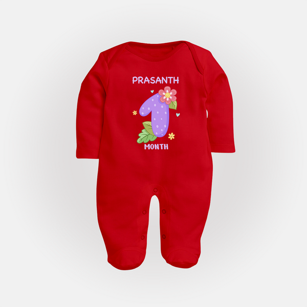 Celebrate Baby's 1st Month | Custom Full Sleeve Bodysuit/ Sleep Suit/ Jumpsuit | Premium Cotton - RED - New Born (Chest 7.5")