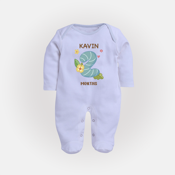 Celebrate Baby's 2nd Month | Custom Full Sleeve Bodysuit/ Sleep Suit/ Jumpsuit | Premium Cotton - BABY BLUE - New Born (Chest 7.5")