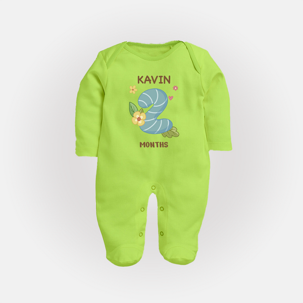 Celebrate Baby's 2nd Month | Custom Full Sleeve Bodysuit/ Sleep Suit/ Jumpsuit | Premium Cotton - LIME GREEN - New Born (Chest 7.5")
