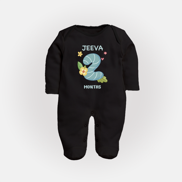 Celebrate Baby's 2nd Month | Custom Full Sleeve Bodysuit/ Sleep Suit/ Jumpsuit | Premium Cotton - BLACK - New Born (Chest 7.5")