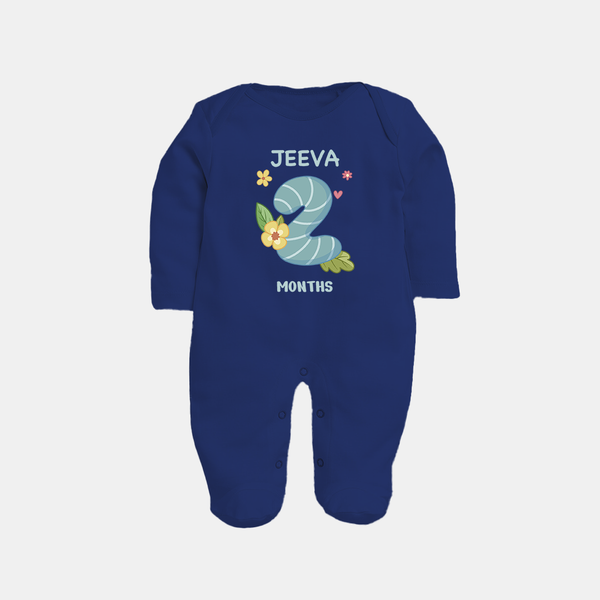 Celebrate Baby's 2nd Month | Custom Full Sleeve Bodysuit/ Sleep Suit/ Jumpsuit | Premium Cotton - NAVY BLUE - New Born (Chest 7.5")