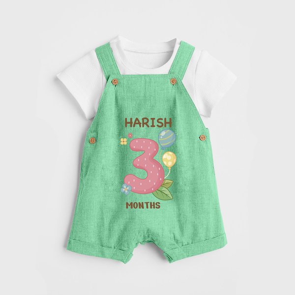Celebrate Baby's 3rd Month | Custom Dungaree Set | Premium Cotton - GREEN - 0 - 5 Months Old (Chest 18")