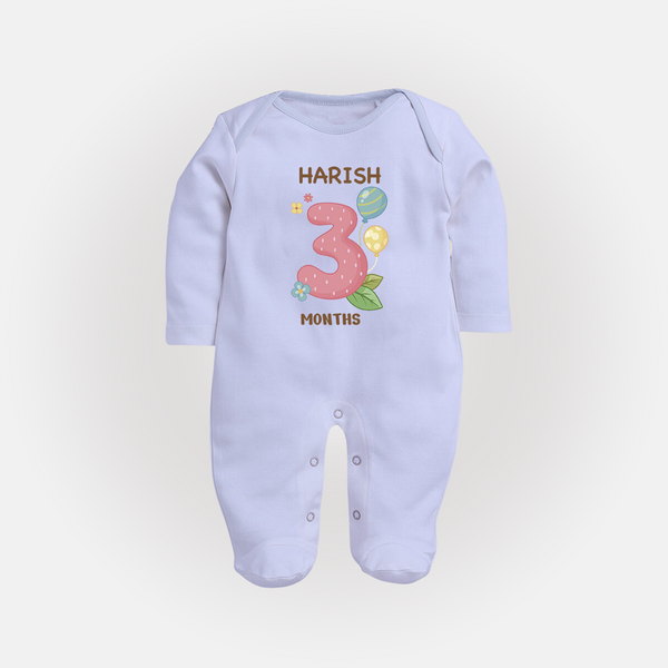 Celebrate Baby's 3rd Month | Custom Full Sleeve Bodysuit/ Sleep Suit/ Jumpsuit | Premium Cotton - BABY BLUE - New Born (Chest 7.5")