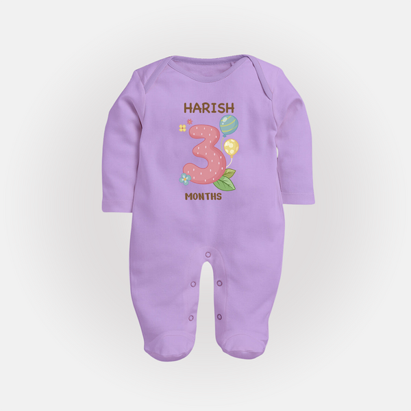 Celebrate Baby's 3rd Month | Custom Full Sleeve Bodysuit/ Sleep Suit/ Jumpsuit | Premium Cotton - LILAC - New Born (Chest 7.5")