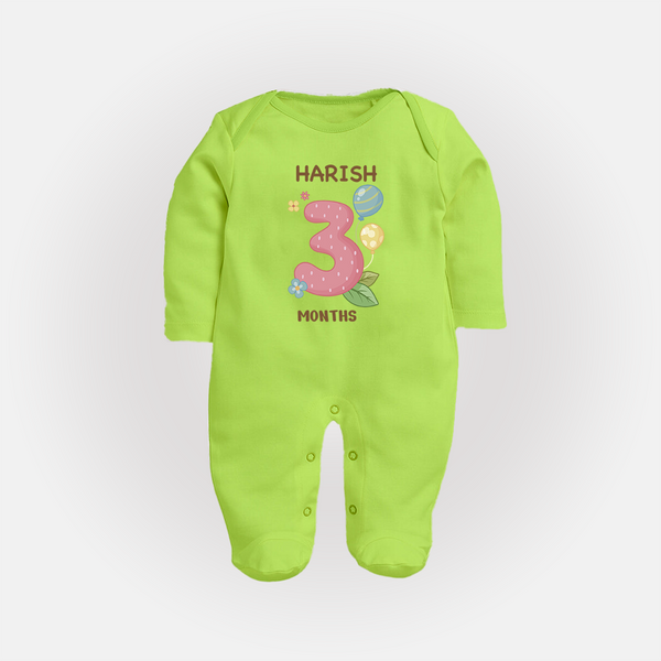 Celebrate Baby's 3rd Month | Custom Full Sleeve Bodysuit/ Sleep Suit/ Jumpsuit | Premium Cotton - LIME GREEN - New Born (Chest 7.5")