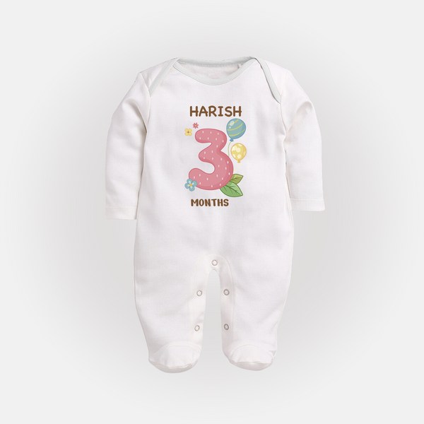 Celebrate Baby's 3rd Month | Custom Full Sleeve Bodysuit/ Sleep Suit/ Jumpsuit | Premium Cotton - WHITE - New Born (Chest 7.5")