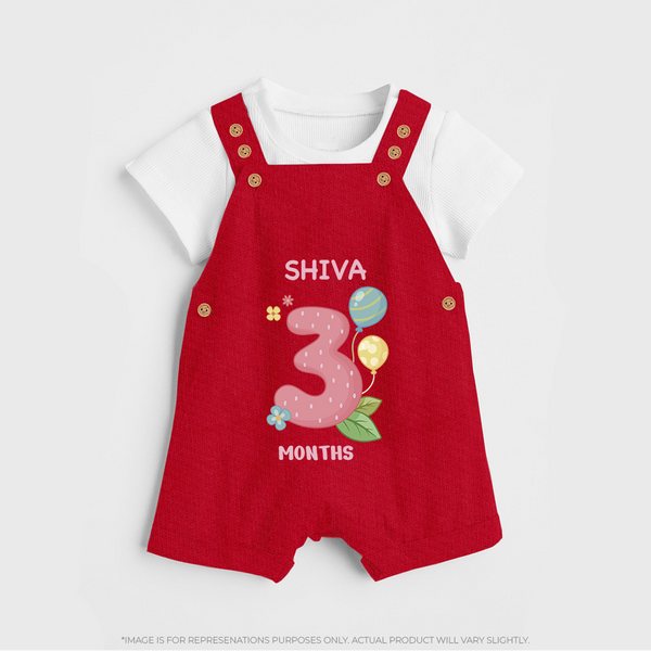 Celebrate Baby's 3rd Month | Custom Dungaree Set | Premium Cotton - RED - 0 - 5 Months Old (Chest 18")