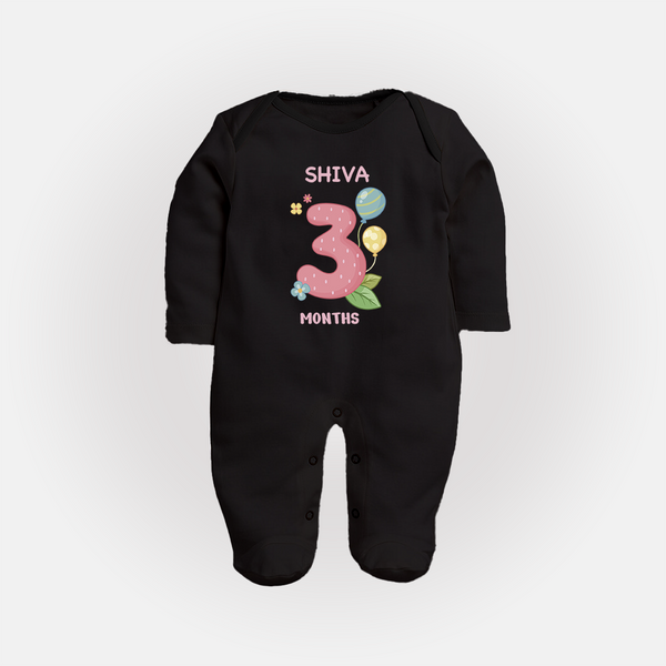 Celebrate Baby's 3rd Month | Custom Full Sleeve Bodysuit/ Sleep Suit/ Jumpsuit | Premium Cotton - BLACK - New Born (Chest 7.5")