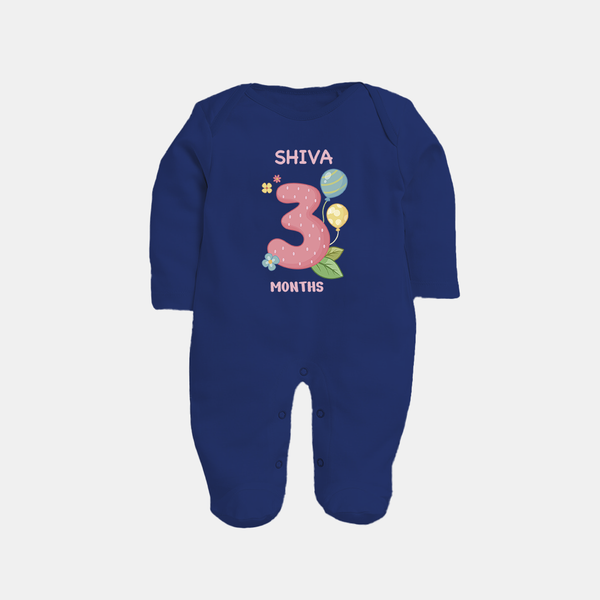 Celebrate Baby's 3rd Month | Custom Full Sleeve Bodysuit/ Sleep Suit/ Jumpsuit | Premium Cotton - NAVY BLUE - New Born (Chest 7.5")