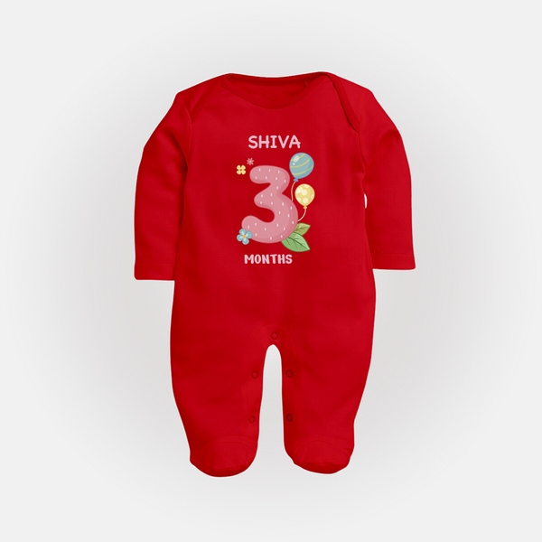 Celebrate Baby's 3rd Month | Custom Full Sleeve Bodysuit/ Sleep Suit/ Jumpsuit | Premium Cotton - RED - New Born (Chest 7.5")