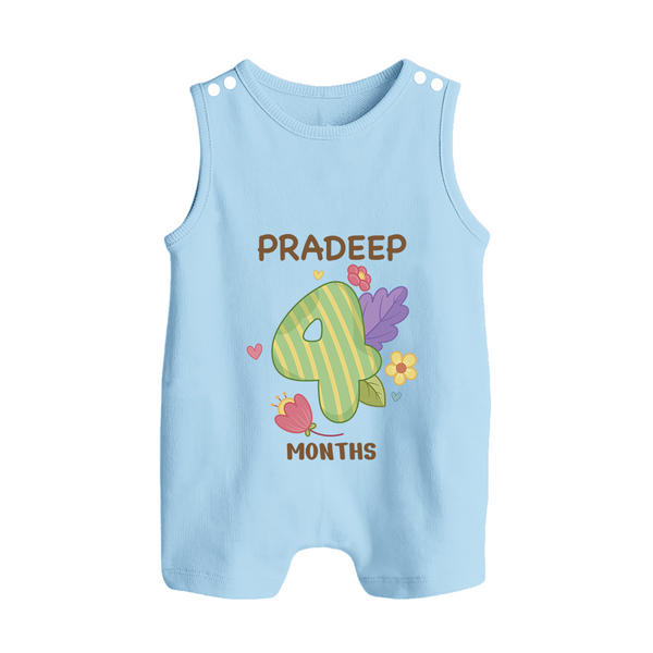 Celebrate Baby's 4th Month | Custom Romper Suit/ Sleeveless Romper | Premium Cotton - BABY BLUE - 0 - 5 Months Old (Chest 18")