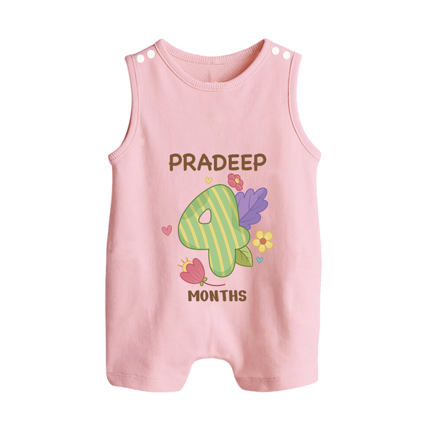 Celebrate Baby's 4th Month | Custom Romper Suit/ Sleeveless Romper | Premium Cotton - BABY PINK - 0 - 5 Months Old (Chest 18")