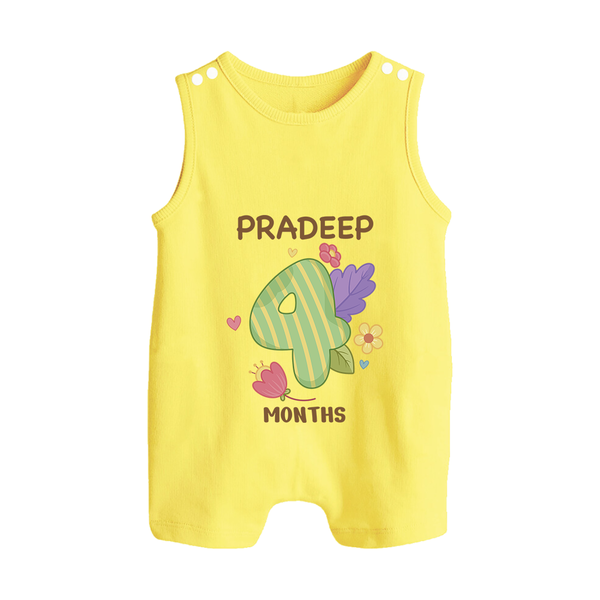 Celebrate Baby's 4th Month | Custom Romper Suit/ Sleeveless Romper | Premium Cotton - PASTEL YELLOW - 0 - 5 Months Old (Chest 18")