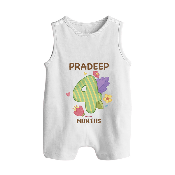 Celebrate Baby's 4th Month | Custom Romper Suit/ Sleeveless Romper | Premium Cotton - WHITE - 0 - 5 Months Old (Chest 18")