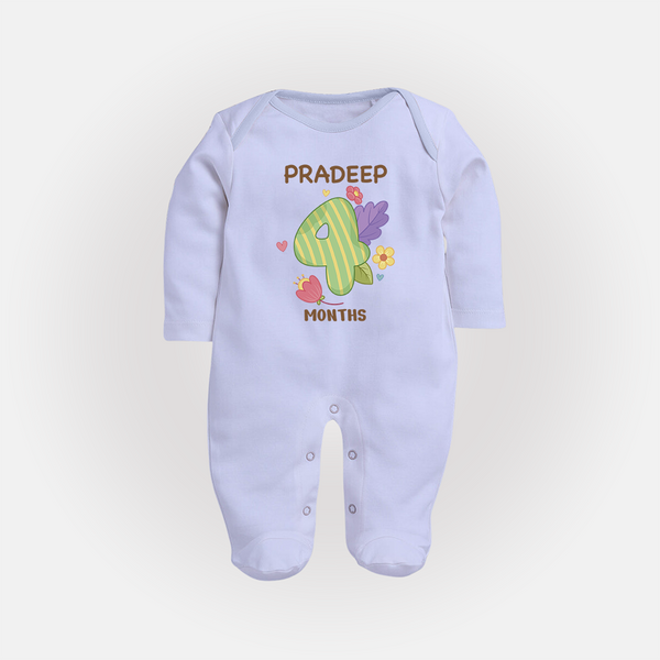 Celebrate Baby's 4th Month | Custom Full Sleeve Bodysuit/ Sleep Suit/ Jumpsuit | Premium Cotton - BABY BLUE - New Born (Chest 7.5")