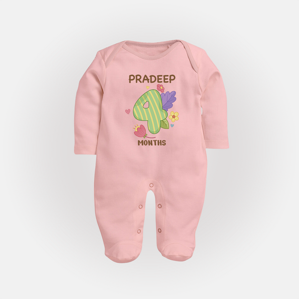 Celebrate Baby's 4th Month | Custom Full Sleeve Bodysuit/ Sleep Suit/ Jumpsuit | Premium Cotton - BABY PINK - New Born (Chest 7.5")