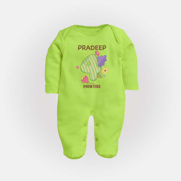 Celebrate Baby's 4th Month | Custom Full Sleeve Bodysuit/ Sleep Suit/ Jumpsuit | Premium Cotton - LIME GREEN - New Born (Chest 7.5")