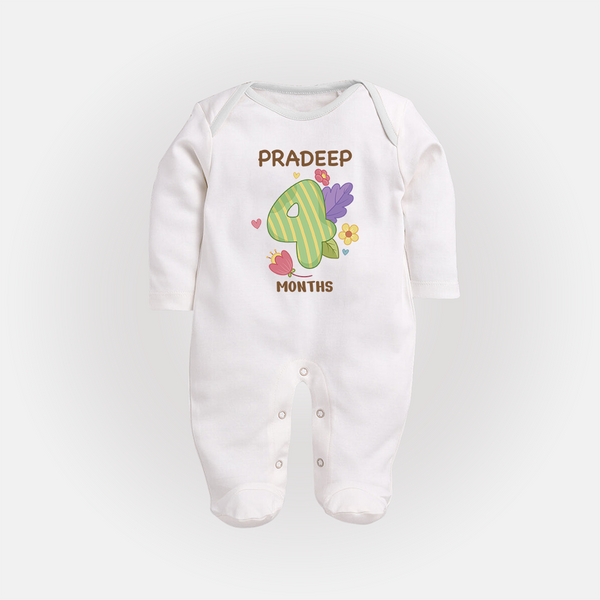 Celebrate Baby's 4th Month | Custom Full Sleeve Bodysuit/ Sleep Suit/ Jumpsuit | Premium Cotton - WHITE - New Born (Chest 7.5")