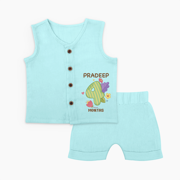 Celebrate Baby's 4th Month | Custom Jabla Set | Premium Cotton - BABY BLUE - 0 - 3 Months Old (Chest 9.8")