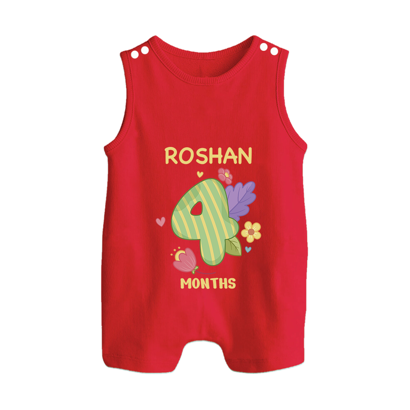 Celebrate Baby's 4th Month | Custom Romper Suit/ Sleeveless Romper | Premium Cotton - RED - 0 - 5 Months Old (Chest 18")