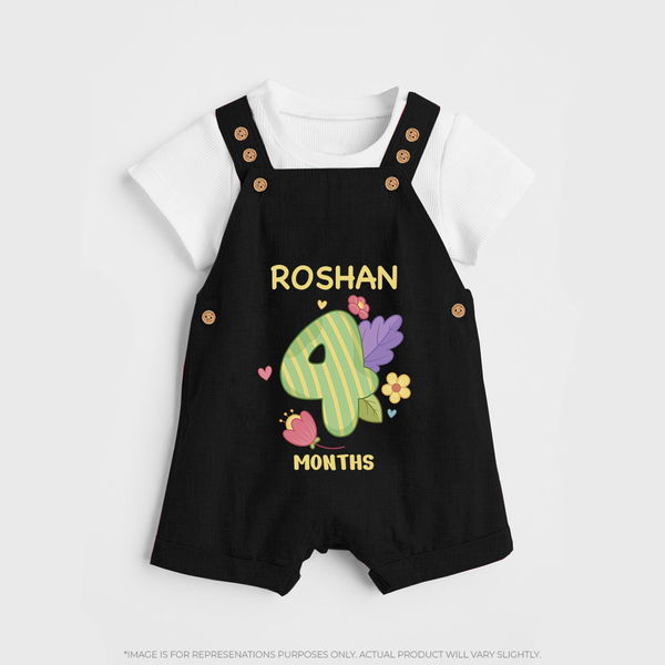 Celebrate Baby's 4th Month | Custom Dungaree Set | Premium Cotton - BLACK - 0 - 5 Months Old (Chest 18")